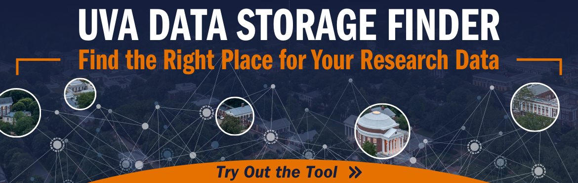 Image shows an aerial photo of UVA with specific locations highlighted with the following text overlaid: "UVA Data Storage Finder. Find the right place for your research data. Try out the tool >"